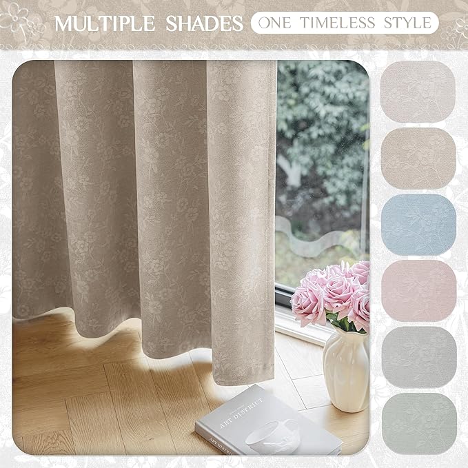 Beauoop Beige Floral Jacquard Blackout Curtains 63 Inches Long 2 Panels for Living Room Bedroom Chenille Flower Room Darkening Thermal Insulated Soundproof Grommet Window Drapes, 52x63 Set of 2
