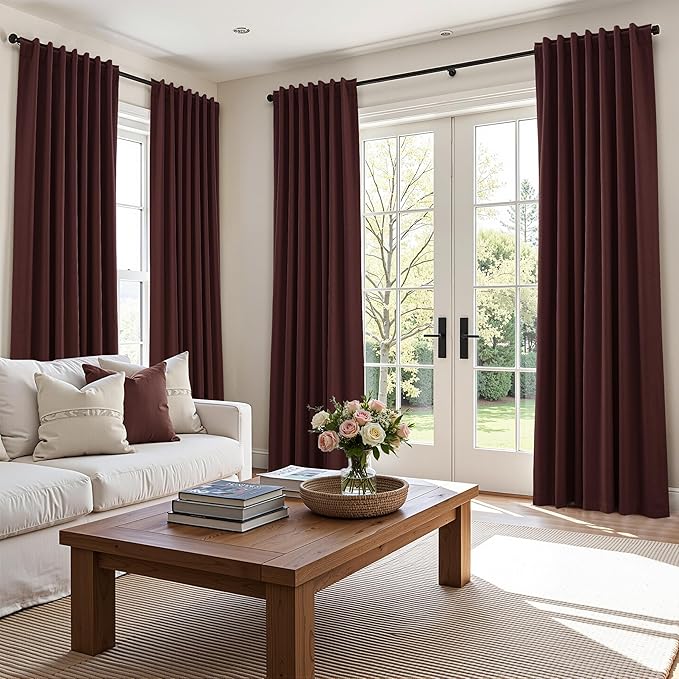 Guken 100% Blackout Curtains 120 Inch Length 2 Panels Set for Living Room Bedroom Back Tab Thermal Insulated Black Out Linen Drapes Room Darkening Reddish Brown,52x120