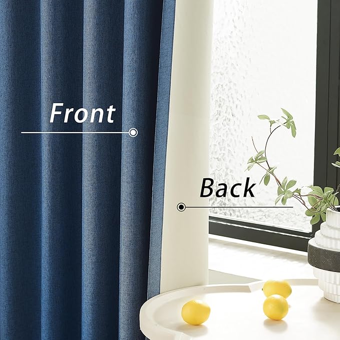 DUALIFE 96 Inch Long Blackout Curtains - Extra Wide Thermal Insulated Sun Block Out Bedroom Linen Curtains 8 ft Window Covering Back Tab Rod Pocket Drapes for Hall Living Room W84 x L96,2 Pcs, Blue