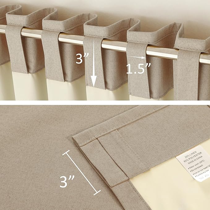 DUALIFE Faux Linen Blackout Taupe Curtains 80 Inch Long,Farmhouse Back Tab Rod Pocket Curtains Room Darkening Thermal Insulated Drapes for Bedroom Living Room,W50 x L80,2 Panels