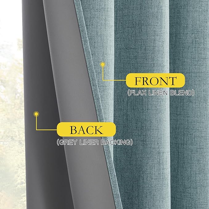 NICETOWN Skylark Blue 100% Blackout Short Curtains 63" Long for Kitchen, Burlap Linen Blend Drapes with Thermal Insulated Grey Liner, Keeping Out Cold Air and Heat Panels (Set of 2, 52" Width)