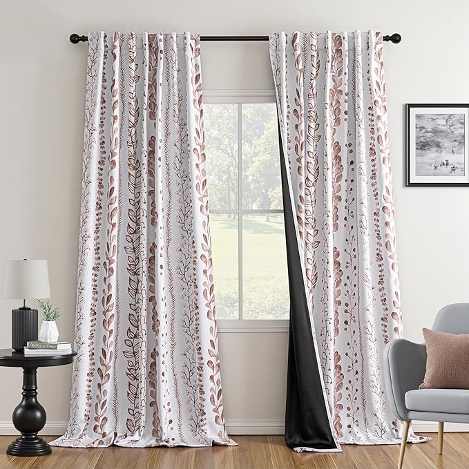 MEETSKY Boho Brown Blackout Curtains for Bedroom, Thermal Insulated Privacy Protection Back Tab Curtains 84 Inches Length for Living Room, Leaf Pattern, 2 Panels, 50" Wide Each