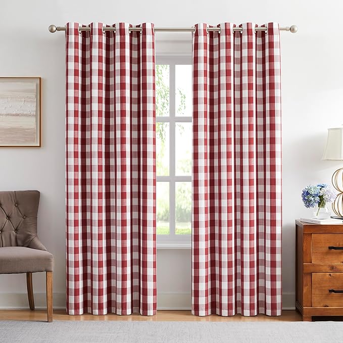 Amzdecor Buffalo Plaid Check Full Blackout Curtains Woven Checkered GEO Thermal Insulated Energy Efficient Drapes Grommet 2 Layers Window Treatment for Bedroom Living Room,2 Panels,52"x84",Red White