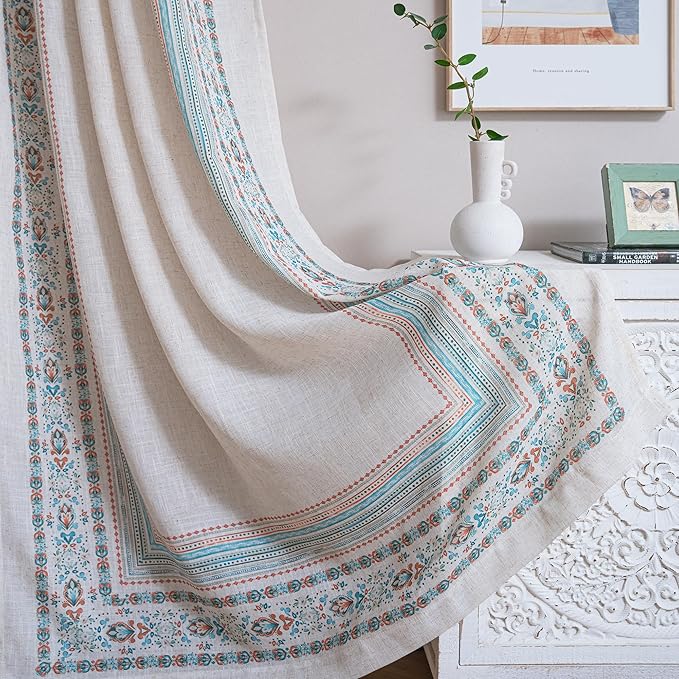 MYSKY HOME Boho Curtains & Drapes Sheer Linen Look Window Curtains 95 inches Long Light Filtering Privacy Protect Damask Pattern Decoration Texture Soft Touch Back Tab, 50" x 95", Teal, 2 Panels