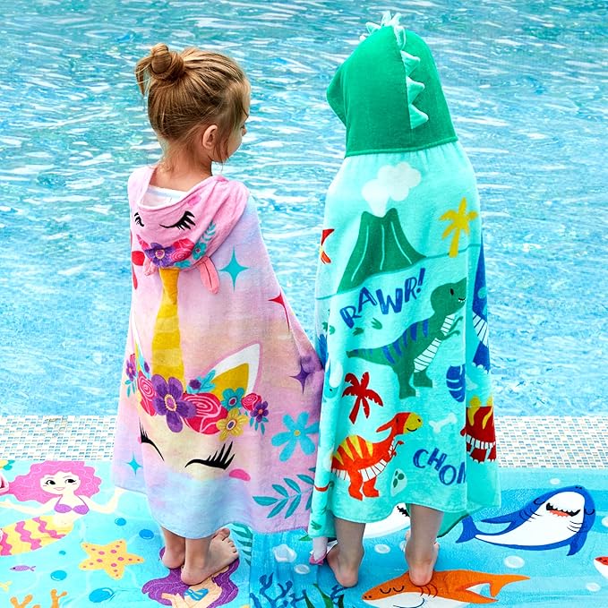 Joiedomi Dinosaur Hooded Towels for Kids Soft 100% Cotton Kids Beach Towel 30" x 50" for 3-10 Years Boy Girl Beach Hooded Poncho Absorbent Pool Toddler Swim Bath Wrap