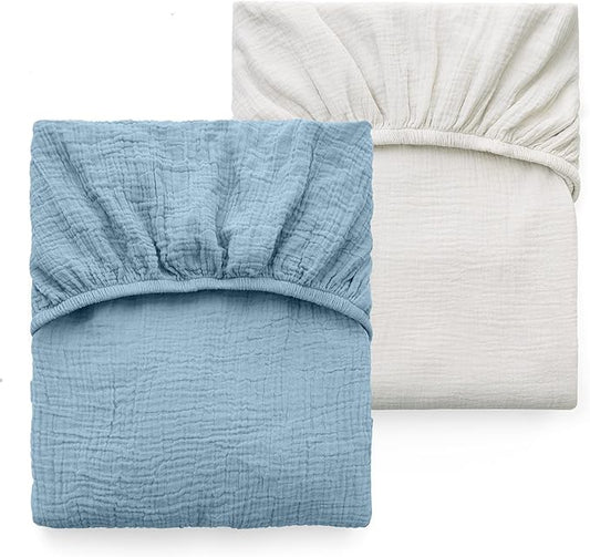 Momcozy Muslin Standard Fitted Crib Sheets, 52"x28", 2 Pack Soft Breathable Natural Cotton Baby Mattress Sheet, 360° Mattress Wrapping No Slip Boys Girls Neutral Toddler Bed Sheet, Grey Blue