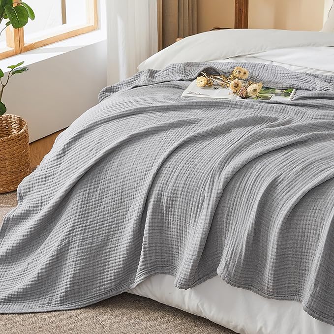 EMME Cotton Muslin Twin Blanket Breathable Gauze Soft Lightweight Blankets Adults Gifts for Women (Heather Grey, 60"x80")