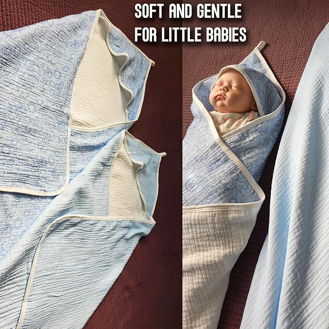 2-Pack Muslin Hooded Baby Towels, 100% Cotton, Towels for Babies, Infants, Toddles, Soft and Absorbent for Boy and Girl, Double Layered Baby Towel With Hood, Babies Muslin Towel Set (Blue Flowers)