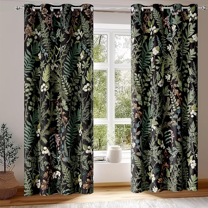 Retro Black Floral Leaf Blackout Curtains, Boho Vintage Botanical Flower Window Drapes, Living Room Bedroom Decor 2 Panels 52x84 Inch