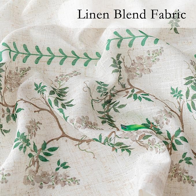 MYSKY HOME Boho Curtains for Bedroom 63 Inch Long Linen Look Semi Sheer Back Tab Drapes Leaf Bird Bohemian Style Texture Window Treatment for Living Room Decoration, 2 Pcs, Green, 50" Wide