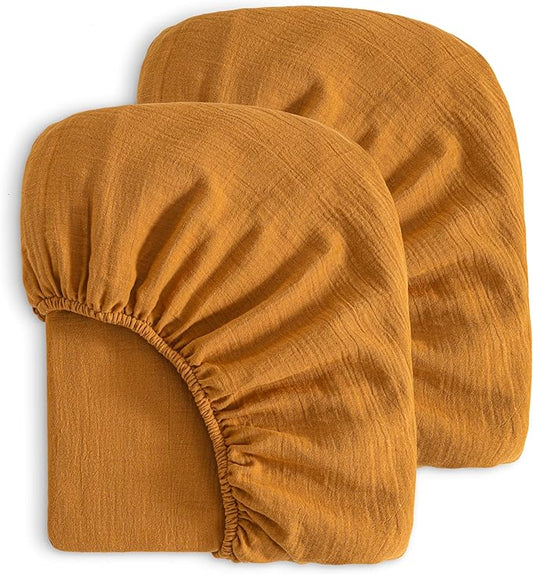 NTBAY 2 Pack Muslin Cotton Crib Sheets, Soft and Breathable Double Layer 28x52 Baby Crib Sheets for Standard Crib and Toddler Mattresses, Boys, Girls, Unisex, Golden Brown, 28x52 Inches
