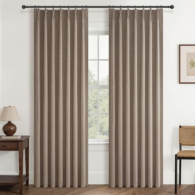 90 Inch Blackout Curtains for Living Room Thermal Noise Reduction Sliding Door Total Two Burg Country Style Linen Window Curtain & Drapes for Track System Pinch Pleat,Chocolate Dark Flax Set of 2