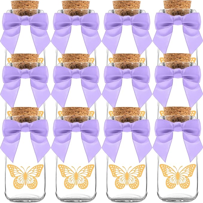 Ethisa Vintage 12 Pack Butterfly Party Favor Glass Bottles with Ribbons and Stickers - Classy Baby Shower and Birthday Favors for Guests and Table Centerpieces Decorations - Purple Theme Candy Jar