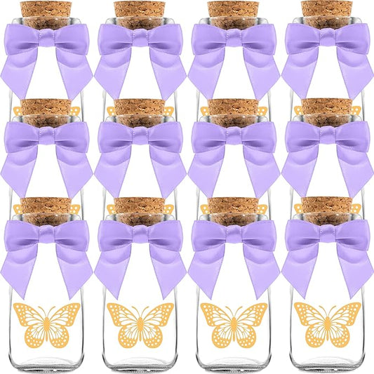 Ethisa Vintage 12 Pack Butterfly Party Favor Glass Bottles with Ribbons and Stickers - Classy Baby Shower and Birthday Favors for Guests and Table Centerpieces Decorations - Purple Theme Candy Jar