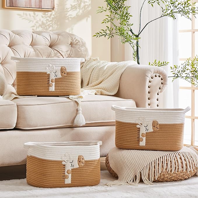 Storage Bins Woven Baskets for Storage Set of 3, Cotton Rope Basket with Handles for Toys/Shelves/Laundry, Rectangle Multi-Purpose Organizer for Living Room, Bedroom, Nursery (Giraffe)