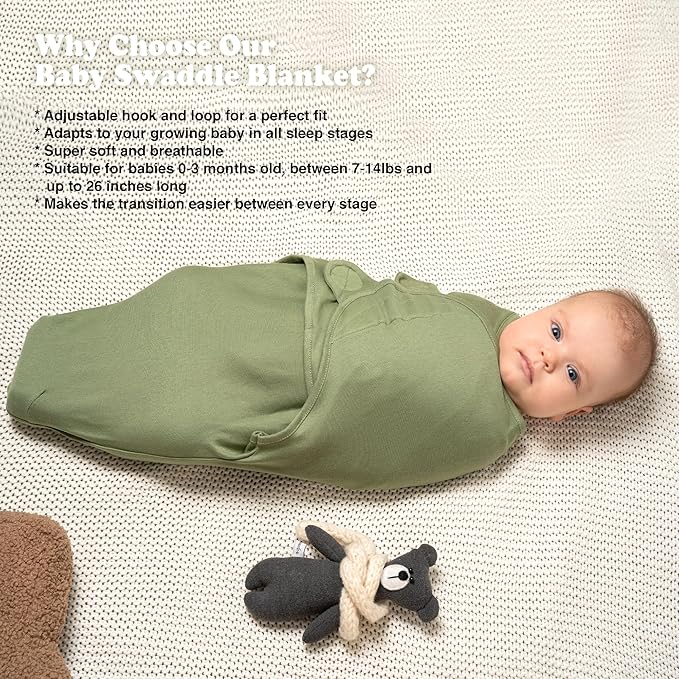 Bublo Baby Swaddles for Newborns – 3-Pack Infant Swaddles 0-3 Months – Adjustable Swaddle Sleep Sack – Soft Organic Cotton Baby Wrap for Safe & Cozy Sleep (Green Leaf)