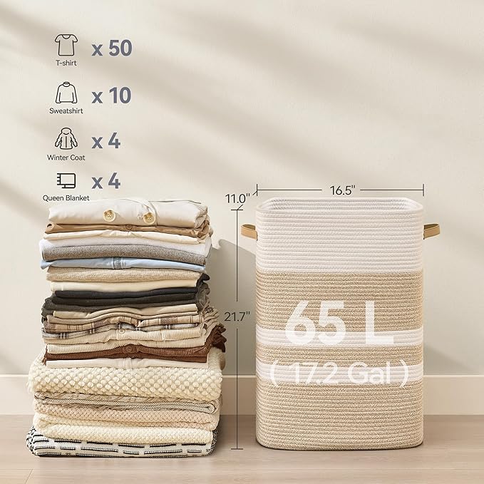 Laundry Hamper,Laundry Basket with Leather Handles,Woven Storage Basket for Toys,Pillows,Blankets,Clothes,Brown&White
