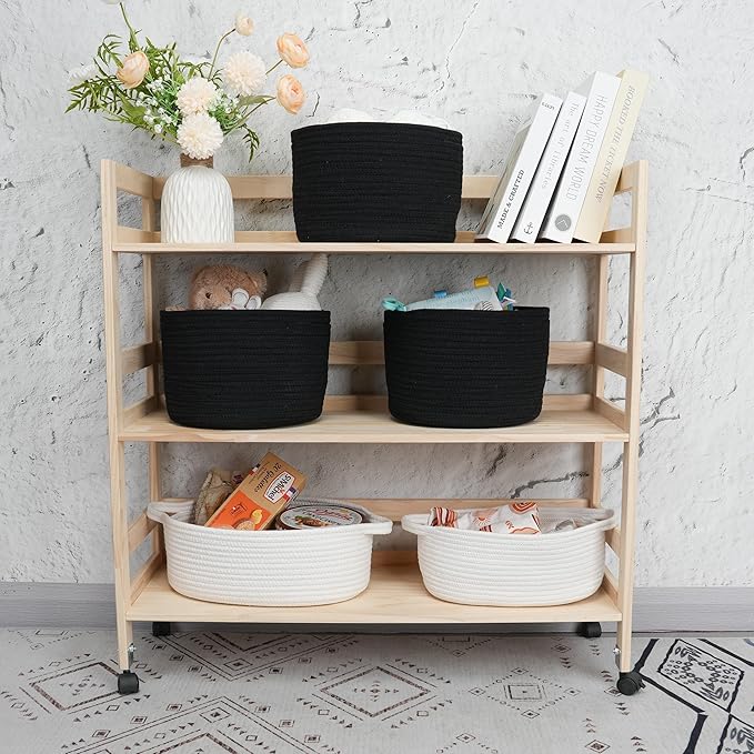 Woven Cotton Storage Baskets - 3-Pack Round Bins (10x10x7'') for Shelves, Closets & Bookcases | Durable Rope Organizers for Nursery, Baby, Toys, Easter & More (black)