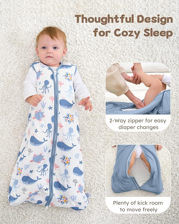 FIEMOL Rayon Made from Bamboo Baby Sleep Sack 0-6 Months, 1.0 Tog Baby Wearable Blanket, Soft Sleeping Bag for Newborn Infant Babies with 2-Way Zipper 2 Pack (Small) Blue Whale