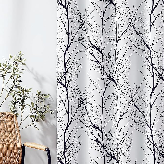 FMFUNCTEX 100% Blackout Curtains White Black Tree Liner Curtains for Bedroom, Branch Partterned Curtains 96 inches Long for Living Room, Room Darkening Thermal Insulated Drapes, Grommet Top 2 Panels