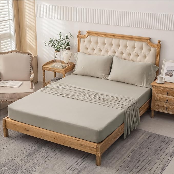 PURE ERA Jersey Knit 4pc Bed Sheet Set 100% T-Shirt Heather Cotton Super Soft Comfy Breathable Fits Mattress Up to 20" Extra Deep Pocket (Dark Beige, Full)