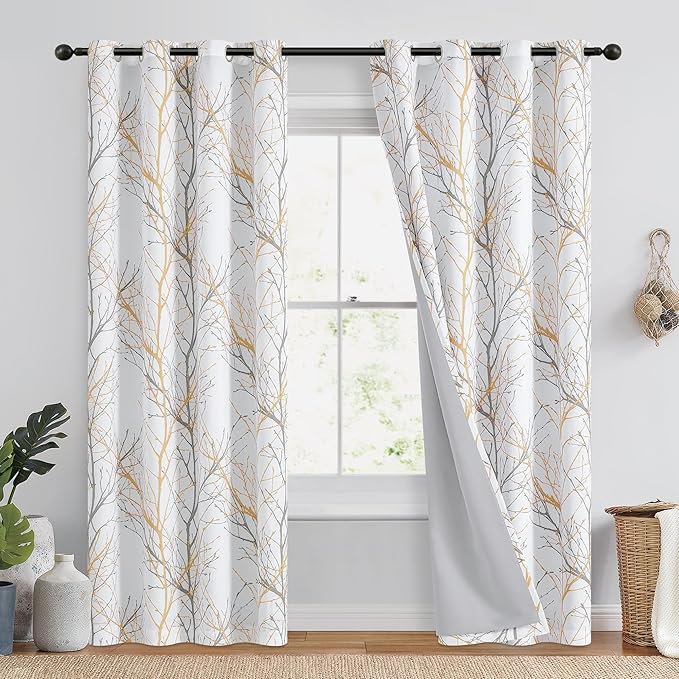 FMFUNCTEX 100% Blackout Curtains Yellow White Tree Liner Curtains for Bedroom, Branch Partterned Curtains 96 inch Length for Living Room, Room Darkening Thermal Insulated Drapes, Grommet Top 2 Panels