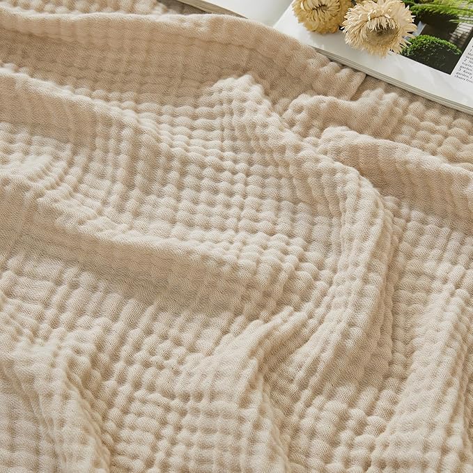 EMME Cotton Muslin Large Throw Blanket Couch Breathable Gauze Soft Lightweight Bed Blankets Adults (Beige, 50"x70")
