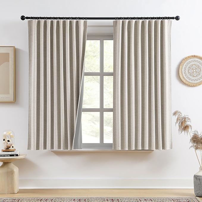 RAIN CITY Beige Blackout Curtains Back Tab Rod Pocket Curtains 63 Inches Long, Linen Burlap Textured Room Darkening Curtains for Bedroom Nursery 2 Panels 50x63
