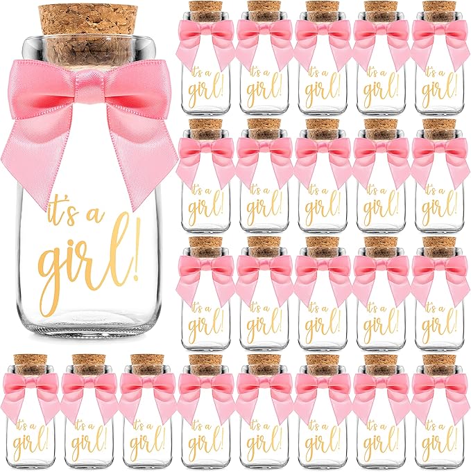 Ethisa Small 24 Pack It's a Girl Milk Glass Bottles with Ribbons and Stickers - Vintage Baby Shower Favors for Guests and Table Centerpieces - Girl Baby Shower Decorations - Sturdy Thank You Candy Jar