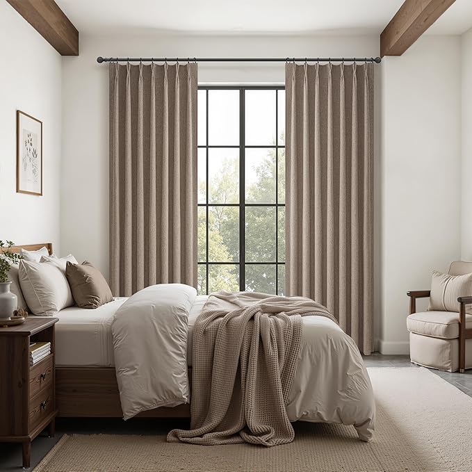 Dark Flax Primitive Heavy Curtain 120 Inch Long 2 Panels Burg,Chocolate Pinch Pleated Linen Blended Floor Length to Ceiling Traverse Large Curtains for Living Room Blackout Drapes Sun Blocking Window