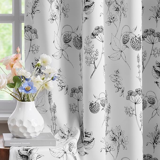 FMFUNCTEX 100% Blackout Floral Curtains 84 Inches Long for Bedroom, Black and White Leaf Drapes for Living Room, Farmhouse Rod Pocket Back Tab Room Darkening Thermal Insulated Window Drapes 2 Panels