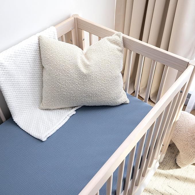 Muslin Crib Sheets, 100% Organic Cotton, Breathable and Ultra-Soft, Standard Crib Sheet Mattress (28"x 52") for Girls and Boys, Neutral Fitted Baby Crib Sheet (Blue)