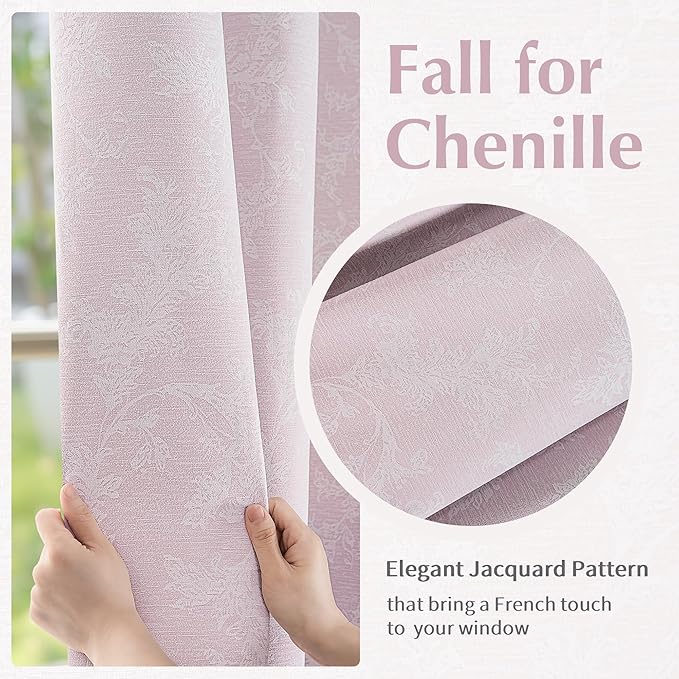 FMFUNCTEX Pink Floral Jacquard Blackout Curtains 108 Inches Long for Bedroom, Scroll Flower Chenille Farmhouse Curtains for Girls Room Darkening Thermal Insulated Grommet Window Drapes 2 Panels