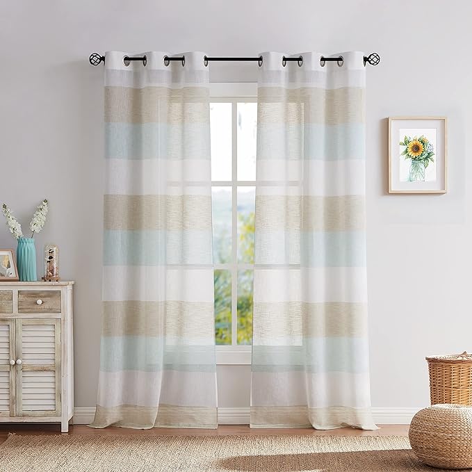 Central Park Tan and Spa Blue Stripe Sheer Color Block Window Curtain Panel Linen Texture Window Treatment for Bedroom Living Room Farmhouse 102 Inches Long with Grommets, 40"x102"x2