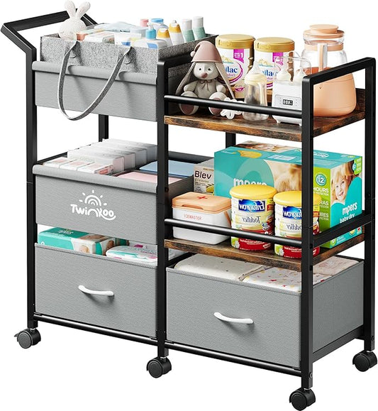 Baby Diaper Caddy Organizer, 3 Tier Rolling Storage Cart with Dividers and Drawers, Bedside Utility Cart for Nursery Essentials, Large Capacity Mobile Storage Cart for Crib, Bedroom
