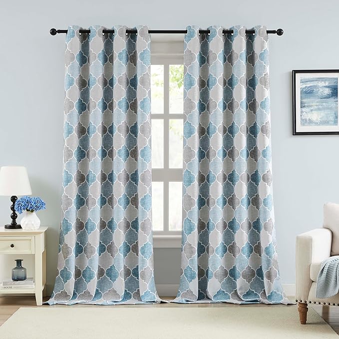 Moroccan 100% Blackout Curtains 63 Inches Long for Bedroom Gray Blue Geo Lattice Window Curtain Panels Room Darkening Thermal Insulated Noise Reducing Grommet Top Drapes, 52" W, 2panels