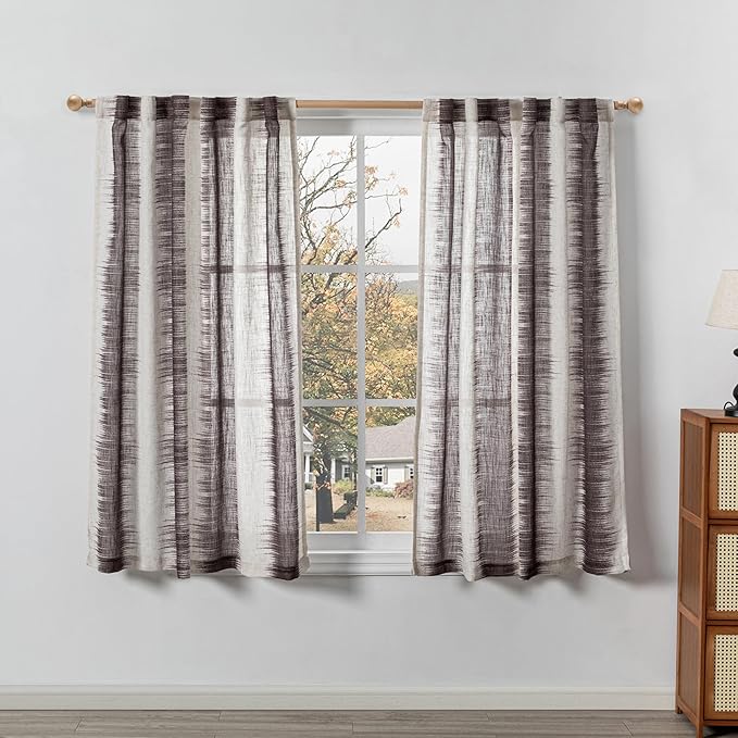 MYSKY HOME Curtains for Kitchen Windows, Sheer Curtains 63 Inch Length for Bedroom, Lines Printed Linen Look Curtains & Drapes, Soft Light Filtering Privacy Protect, 50" x 63", Red/Lines, 2 Panels