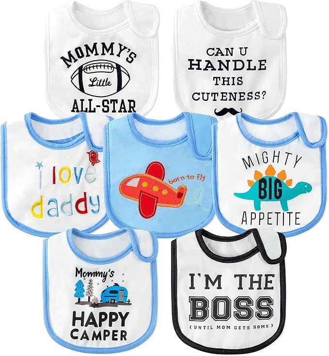2ooya 7Pcs Cotton Waterproof Baby Bibs Hook Loop Closure Newborn Bib Keepsake Baby Gift for Drooling Feeding Eating