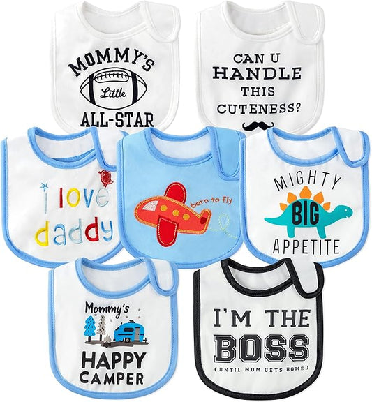 2ooya 7Pcs Cotton Waterproof Baby Bibs Hook Loop Closure Newborn Bib Keepsake Baby Gift for Drooling Feeding Eating
