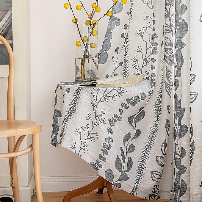 MEETSKY Living Room Curtains 90 Inches Long Boho Linen Style Back Tab Curtains for Bedroom Light Filtering Bohemian Rod Pocket Leaf Print Classical Door Drapes 2 Panels