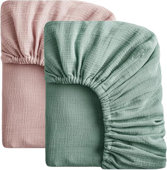 SOULFUL Muslin Crib Sheets for Boys Girls, 2 Pack Soft and Breathable Cotton Fitted Crib Sheets for Standard Crib Mattress (28"x 52", Green & Dusty Rose)