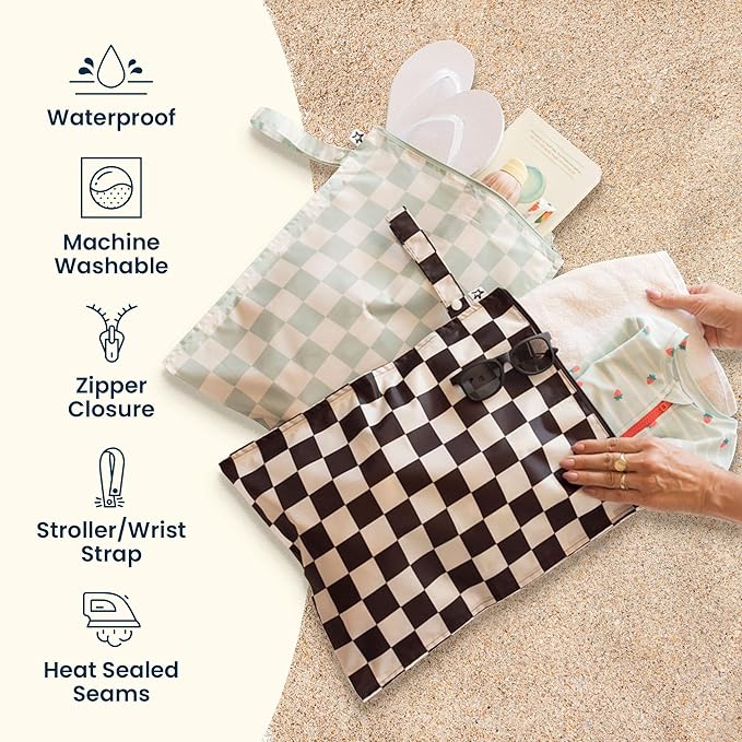 Tiny Twinkle Mess Proof Wet Bags | 2-Pack Reusable Waterproof Wet Bags for Swimsuits | Baby Clothes | Travel & Diaper Bag (Taupe, Dandelion)
