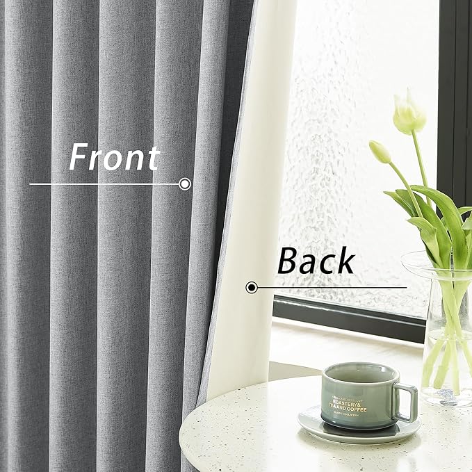DUALIFE Grey Blackout Curtains 102 Inch Length 2 Panels Set for Living Room Bedroom Rod&Back Tab Thermal Insulated 100% Black Out Linen Drapes Room Darkening Window Curtains 72" x 102"