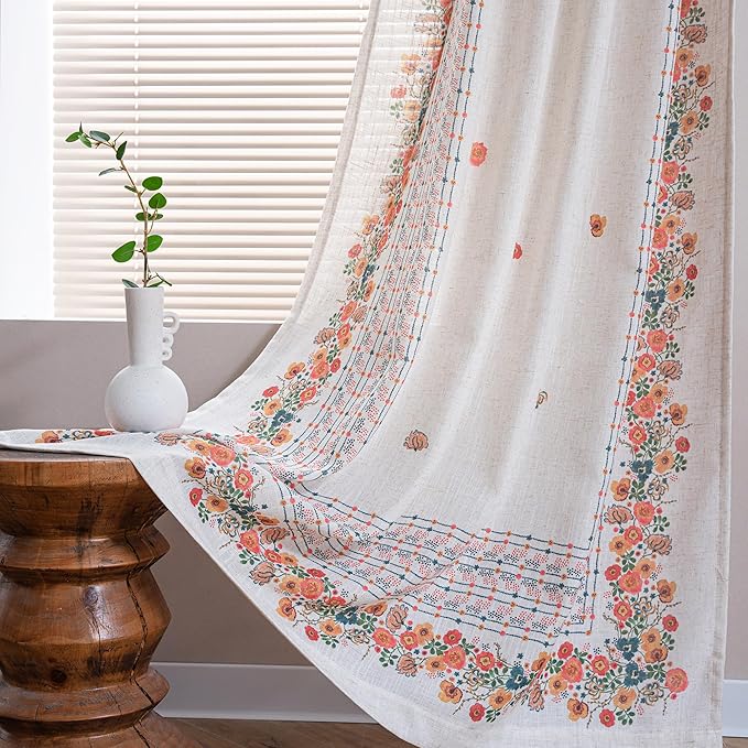 MYSKY HOME Boho Curtains for Bedroom 63 Inch Long Linen Look Semi Sheer Back Tab Drapes Flower Bohemian Style Texture Window Treatment for Living Room Decoration, 2 Pcs, Yellow, 50" Wide