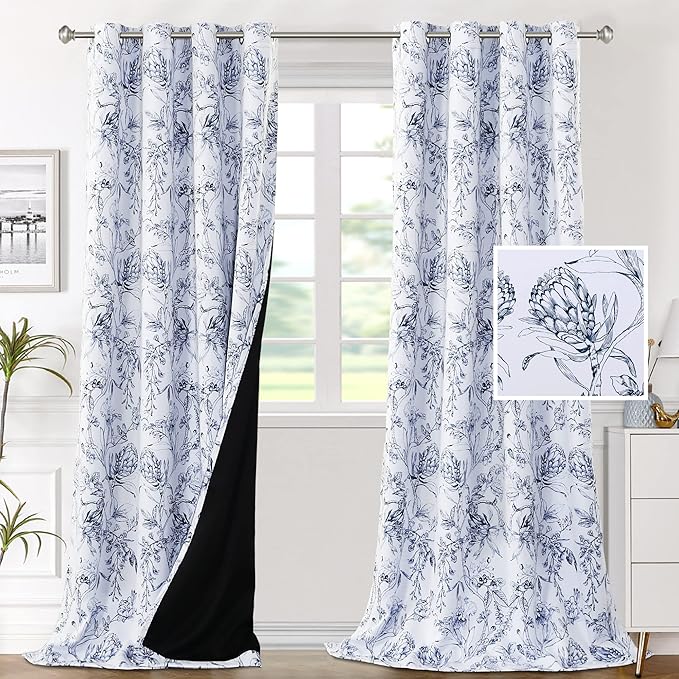 H.VERSAILTEX 100% Blackout Curtains for Living Room Camellia Floral Blackout Curtains 108 Inches Long Light Blocking Window Treatment Curtains with Black Liner Grommet Thermal Drapes, 2 Panels, Navy