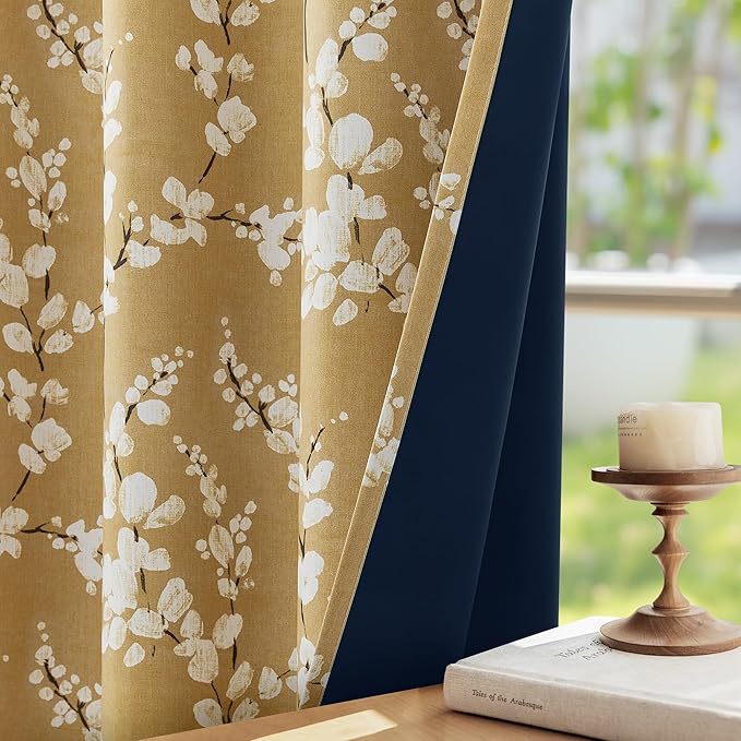 FMFUNCTEX 100% Blackout Floral Curtains for Bedroom, Mustard Yellow Curtain 84 inches Long Blossom Patterned for Living Room, Thermal Insulated Farmhouse Drapes, Grommet Top 2 Panels (White on Yellow)