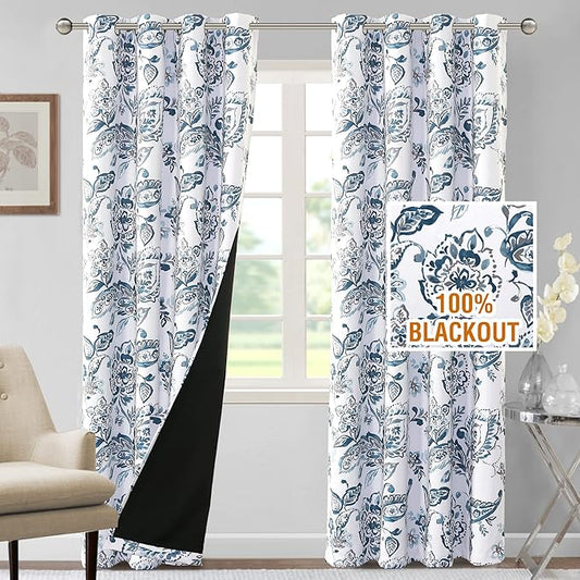 H.VERSAILTEX 100% Blackout Curtains for Bedroom Paisley Floral Printed Curtains 84 Inches Long Grommet Curtains & Drapes Thermal Curtains Window Treatments with Black Liner 2 Panels, Stone Blue