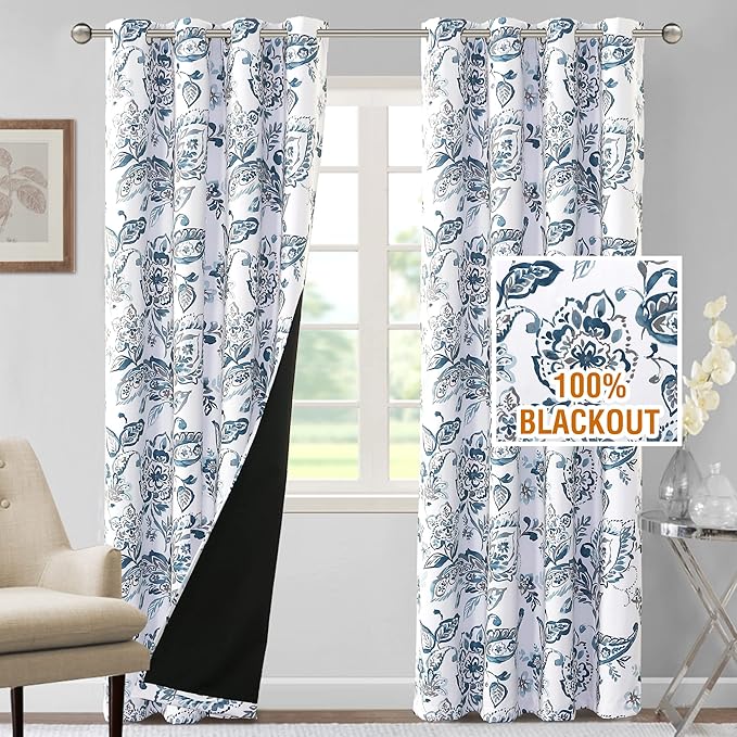 H.VERSAILTEX 100% Blackout Curtains for Bedroom Paisley Floral Printed Curtains 96 Inches Long Grommet Curtains & Drapes Thermal Curtains Window Treatments with Black Liner 2 Panels, Stone Blue
