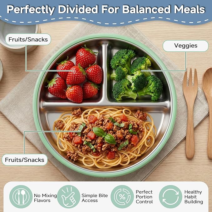 Bufims Stainless Steel Baby Plates with Suction, Divided Metal Toddler Plates with Removable Silicone Sleeves, Non-Slip Kids plates, BPA Free, Non-Toxic, Dishwasher Safe, 3 Pack