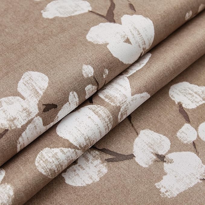 FMFUNCTEX 100% Blackout Floral Curtains for Bedroom, Taupe Curtains 84 inches Long Blossom Flower Patterned for Living Room, Thermal Insulated Farmhouse Drapes, Grommet Top 2 Panels (White on Tan)